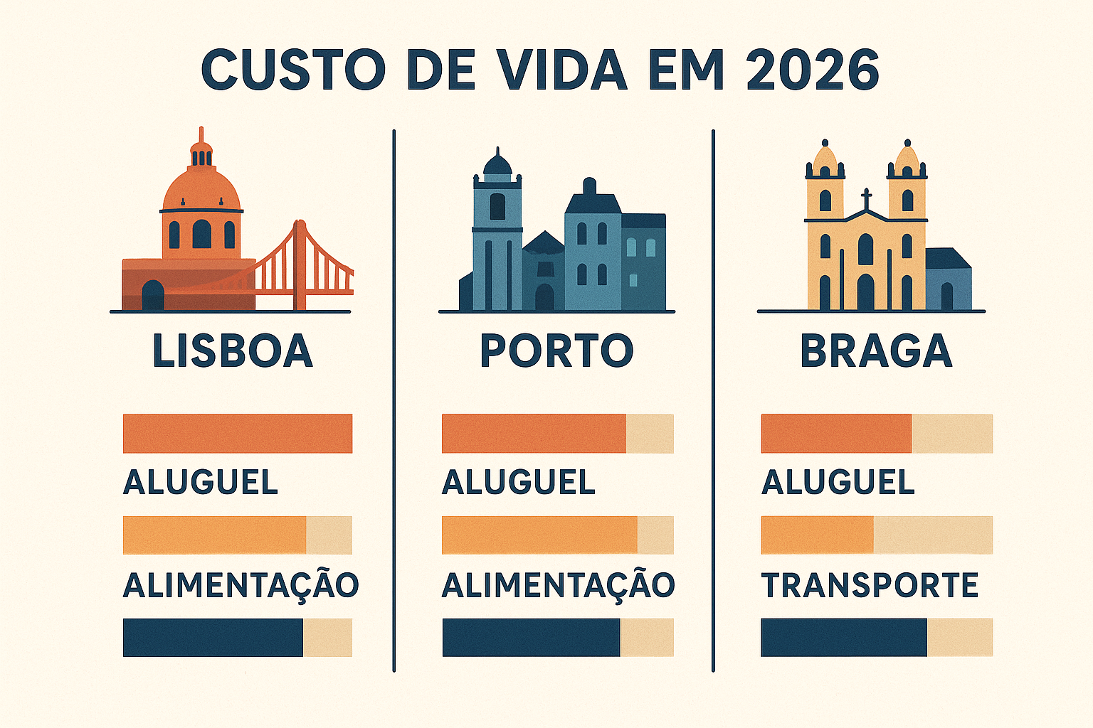 Imagem editorial do artigo Custo de vida em Portugal 2026: Lisboa, Porto e Braga — números reais para brasileiros